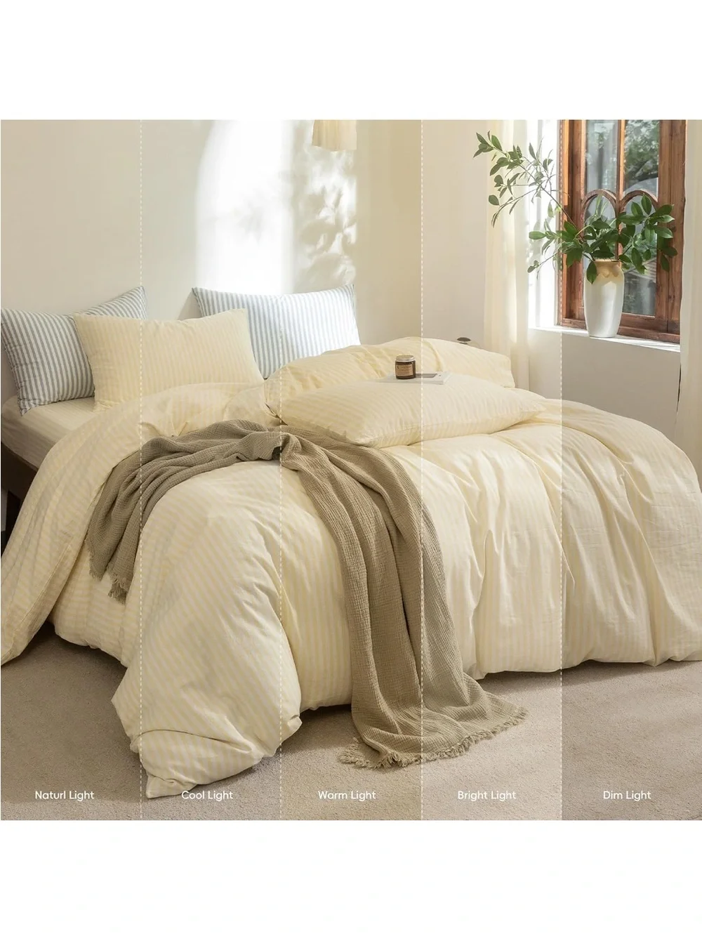 NEW FOSSA 100% Washed Cotton Striped Duvet Cover Set. Linen-Like. Pale Yellow